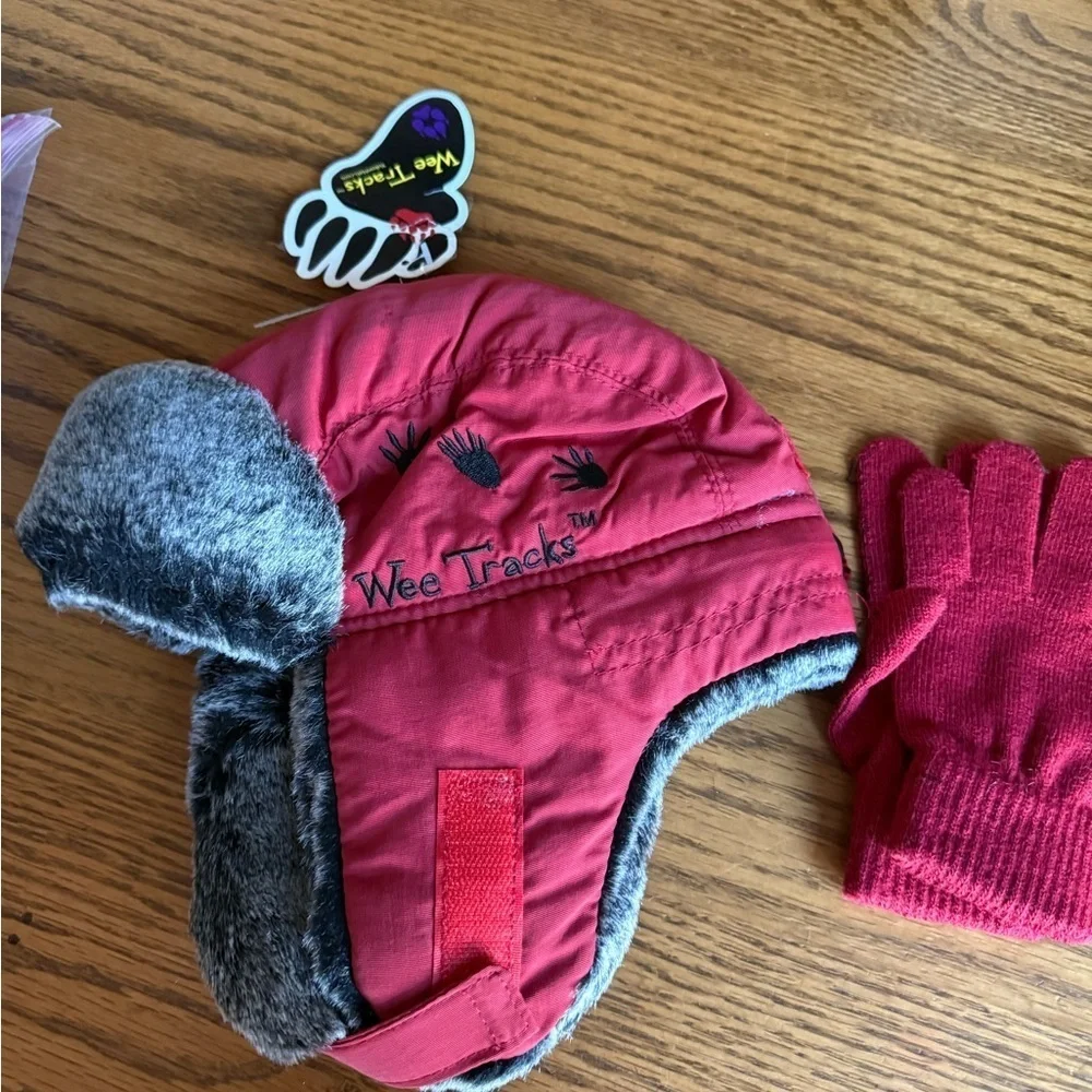 Red Raccoon Ranger Trapper Winter Hat with Fur Flaps and Glove Set for Kids